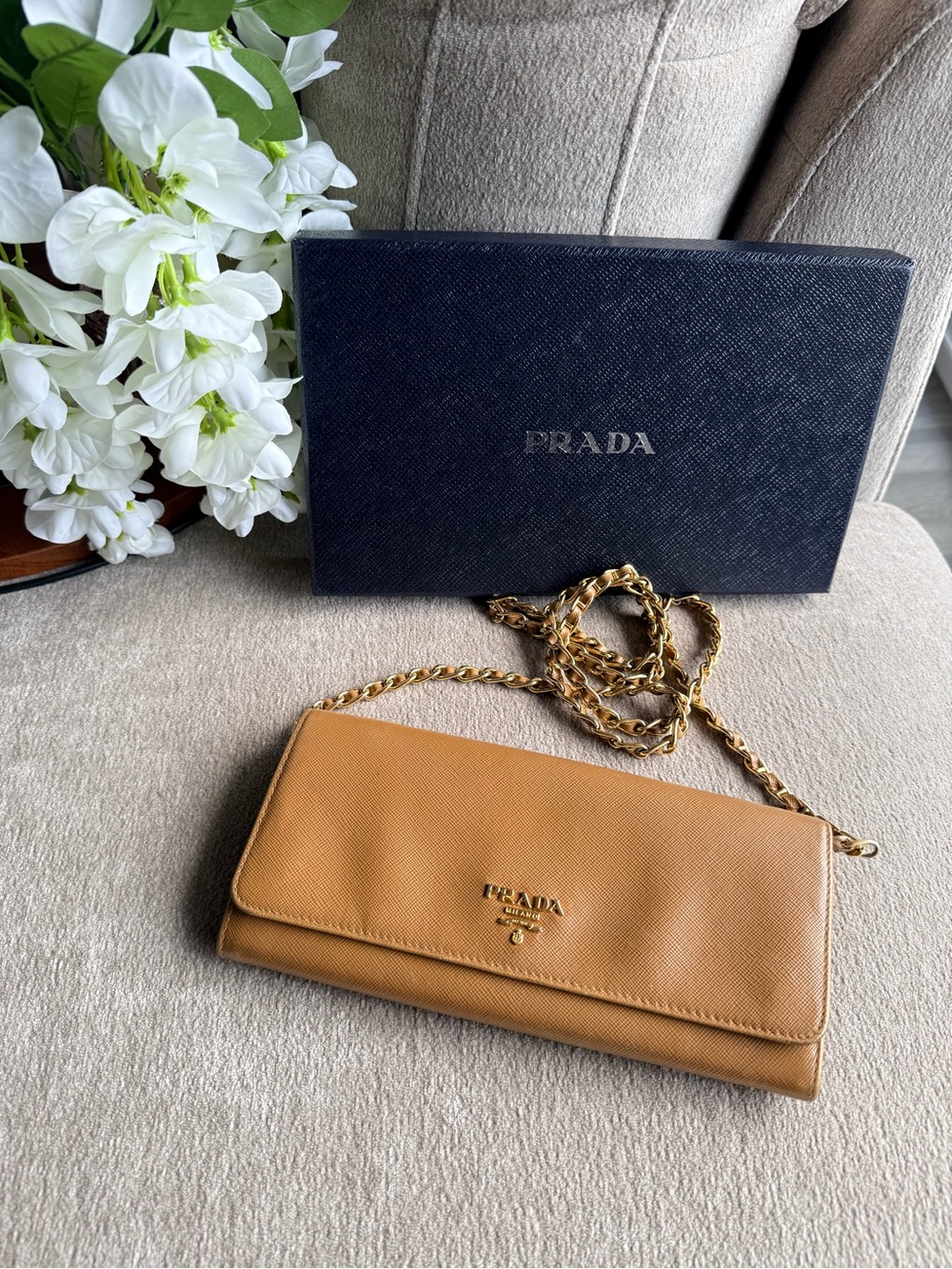 Prada Tan/Brown Saffiano Leather Wallet on Chain Authentic